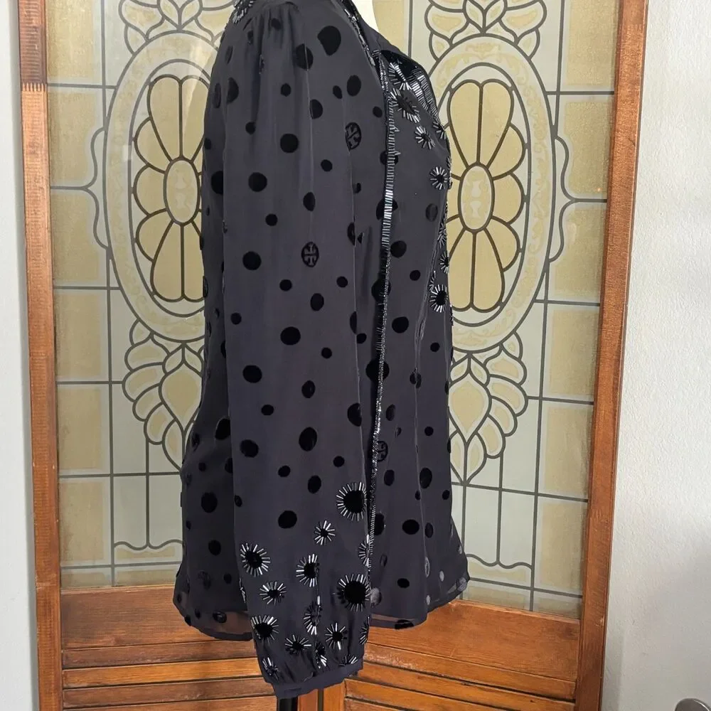 Tory Burch Angela Silk Velvet Dot Beaded Dark Navy Tunic Blouse Top Size 4